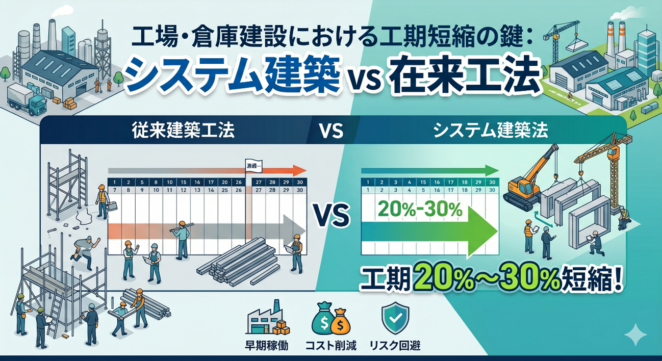 工場・倉庫建設の施工期間は、システム建築と在来工法はどちらが短縮できますか？